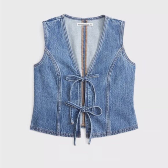 NWT Abercrombie Fitch Tie Front Denim Vest Jean Bows Open Front V Neck XXS Fall - Picture 2 of 15